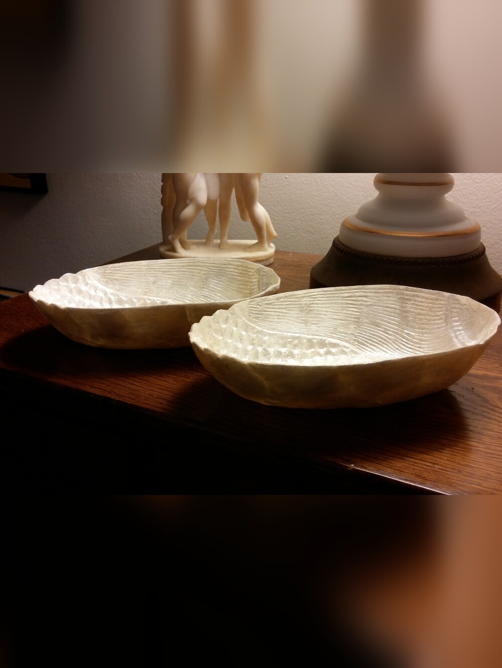 Antique Iridescent Nacre Oblong Bowls Intricate Corn Design Set of 2, 6 1/8"